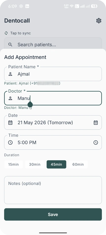 Dentocall Add Patient screen